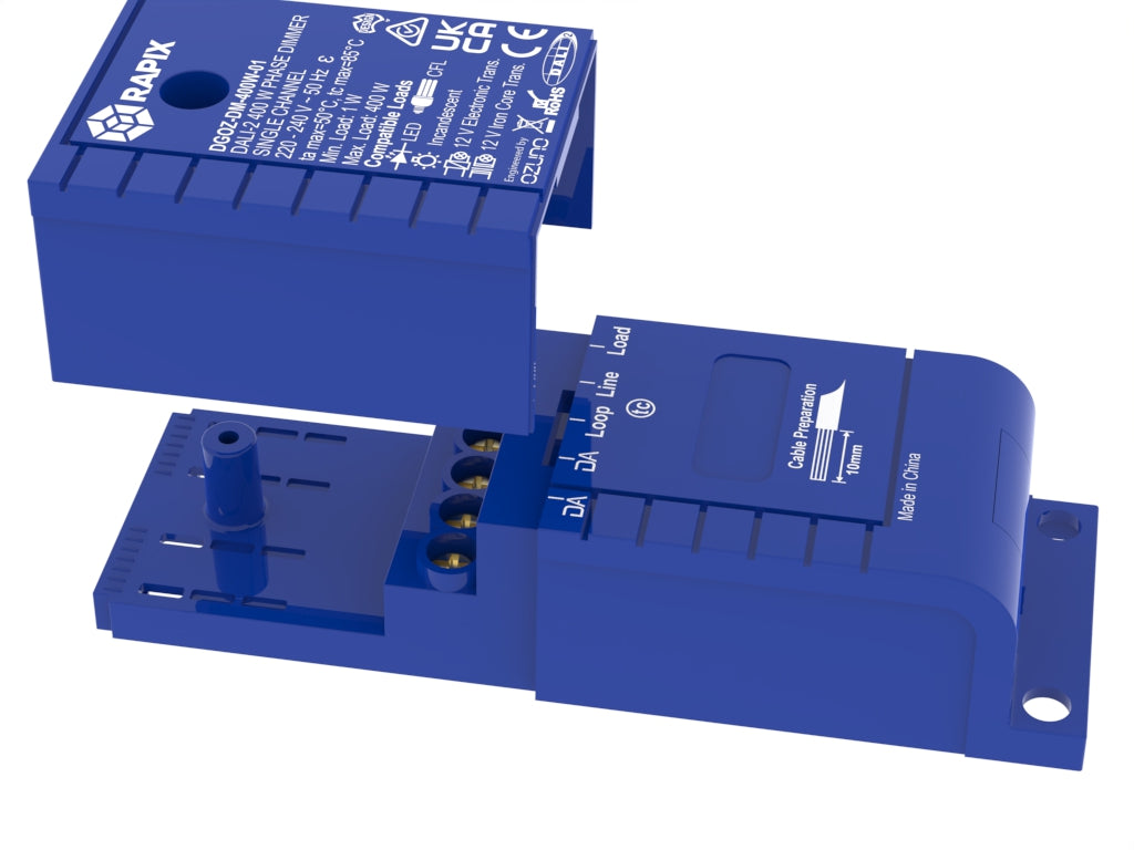 Retail - RAPIX DALI-2 Phase Dimmer 400W - single channel (excludes DIN mount bracket and load bypass MMBP)